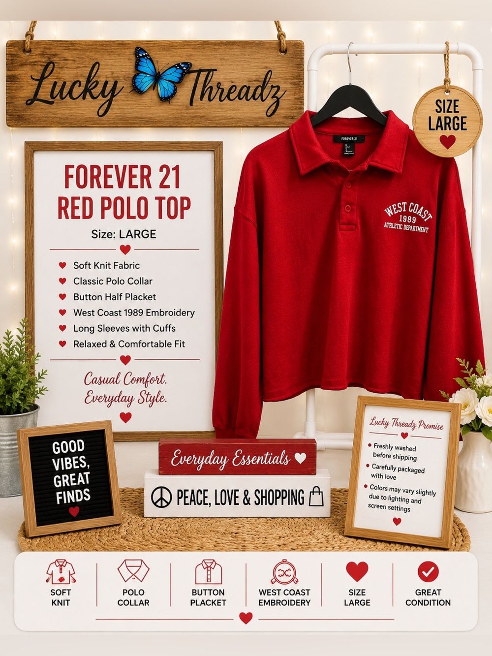 Forever 21 Red Cropped Long-Sleeve Polo with West Coast Graphic